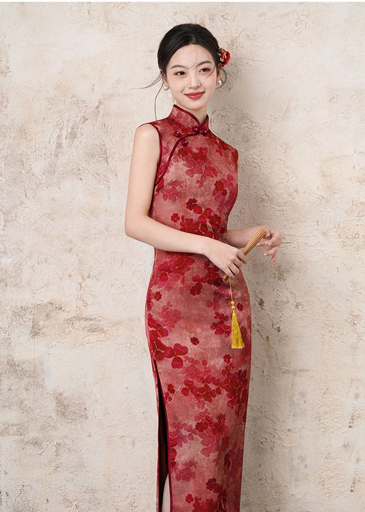 Red Sleeveless Floral Qipao Dress for bride