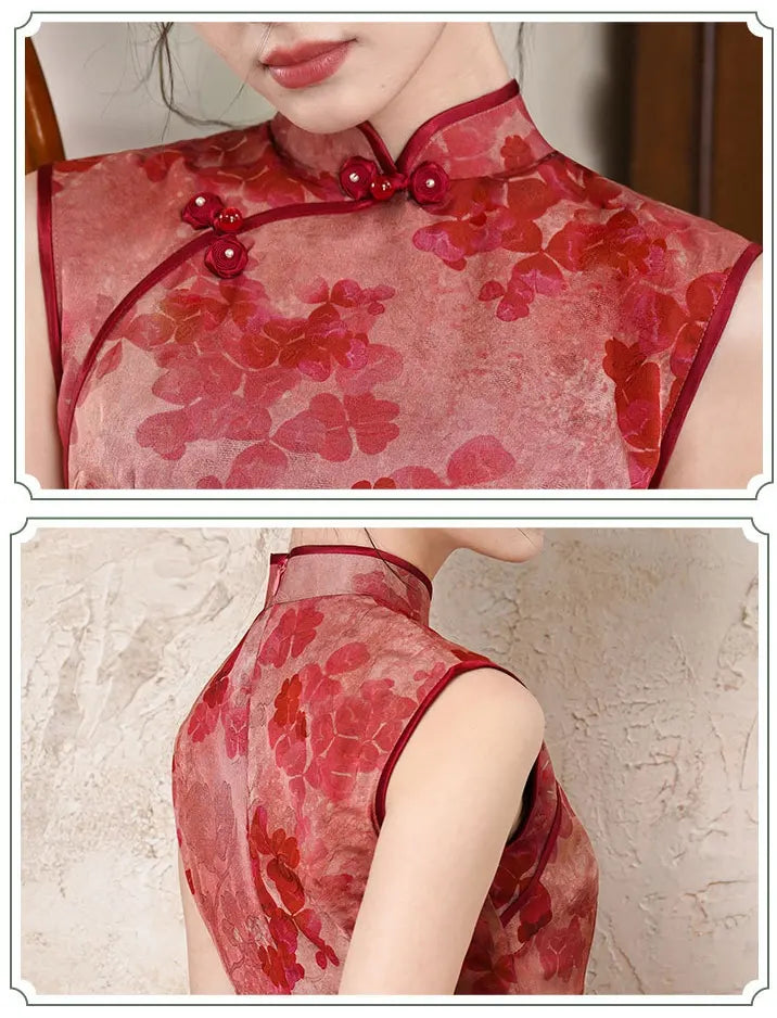Red Sleeveless Floral Qipao Dress – Modern Chinese Cheongsam with a textured background