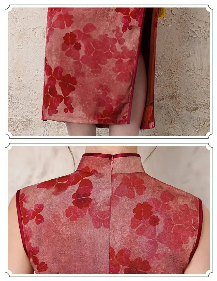 Red floral patterned garment on a neutral background