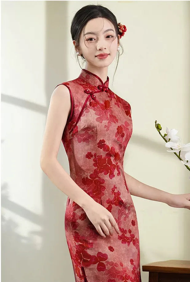 Woman wearing a Red Sleeveless Floral Qipao Dress – Modern Chinese Cheongsam against a plain background