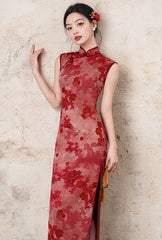 Red Sleeveless Floral chinese Qipao Dress for bride