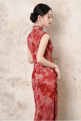 Red Sleeveless Floral chinese wedding cheongsam Dress 