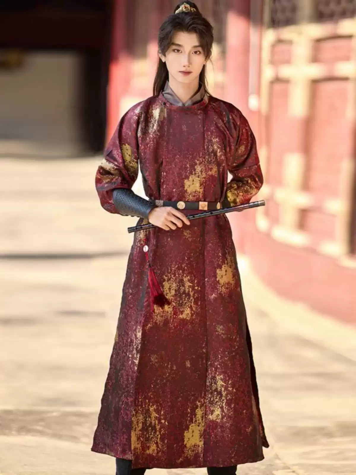 Traditional chinese Red Tang Dynasty  Round Collar Hanfu Robe for men