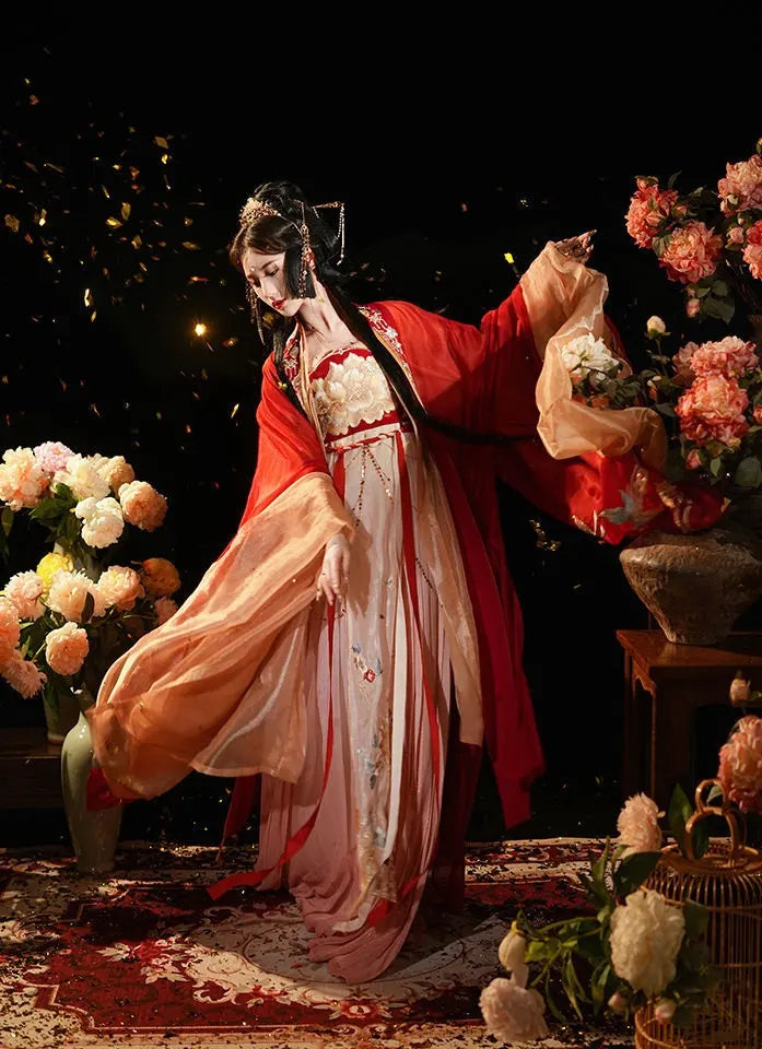 chinese woman in ancient chinese clothing  with floral decorations and dark background