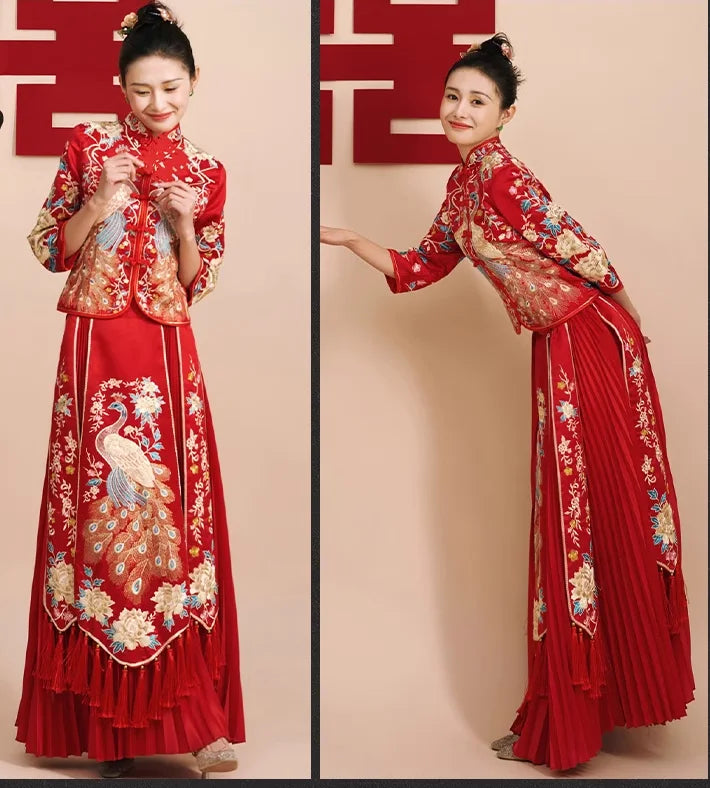 Red Traditional Chinese Wedding Bridal Qun kwa dress with peacock/ pheonx embroidery