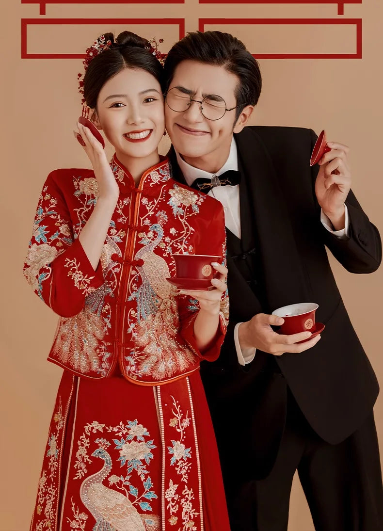 Red Traditional Chinese Wedding Bridal Qun kwa dress with peacock/ pheonx embroidery