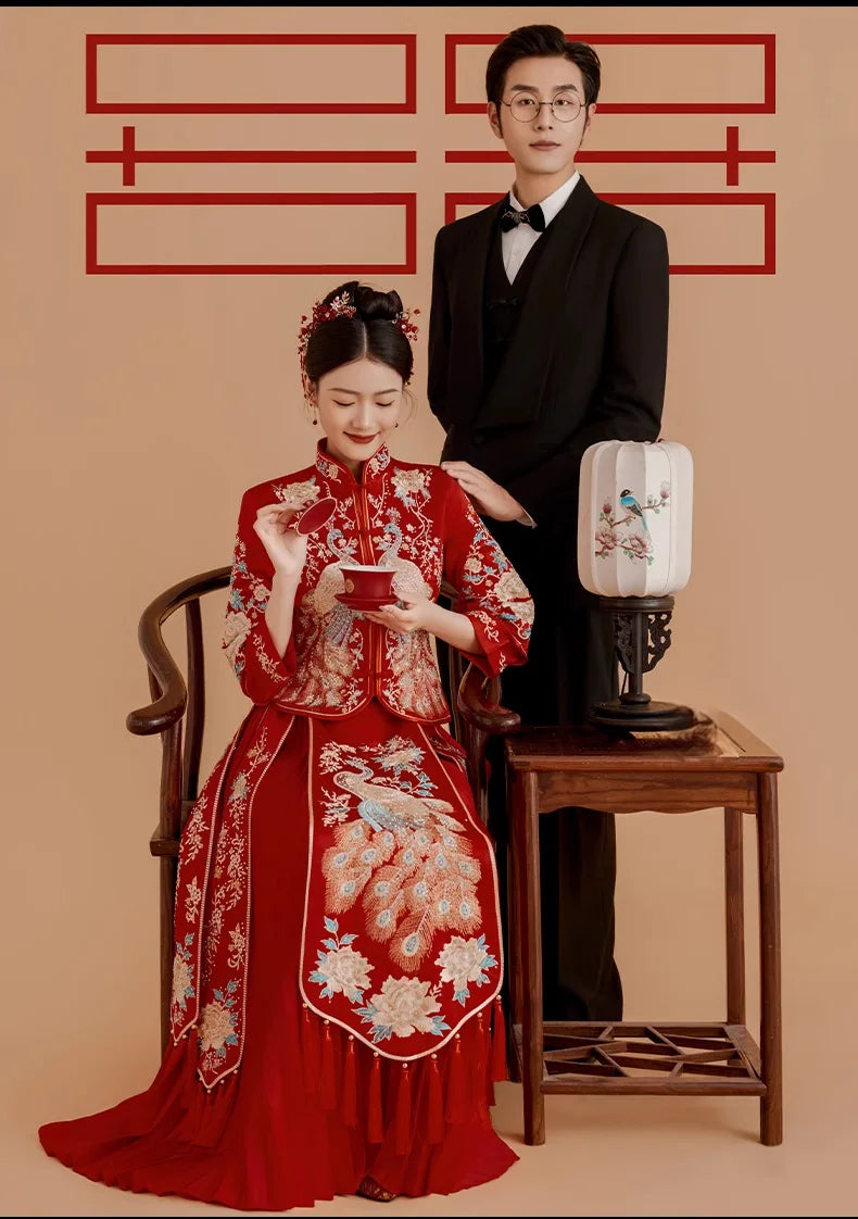 Red Traditional Chinese Wedding Bridal Qun kwa dress with peacock/ pheonx embroidery