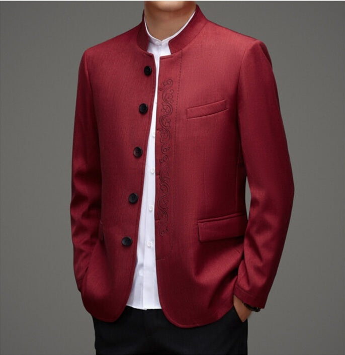Red Mandarin Collar Men's Chinese Suit – Traditional Zhongshan Tang Jacket