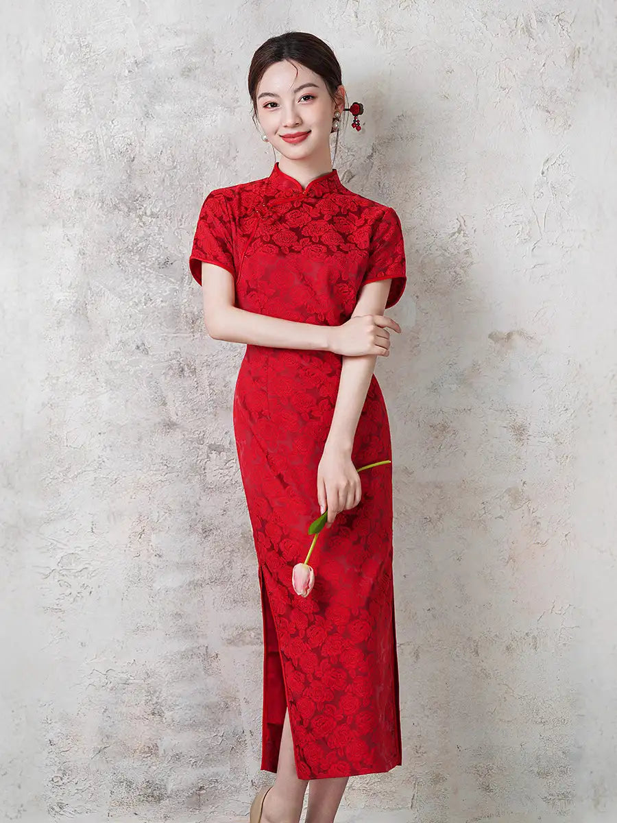 Woman wearing a Red Wedding Qipao Cheongsam against a light gray background