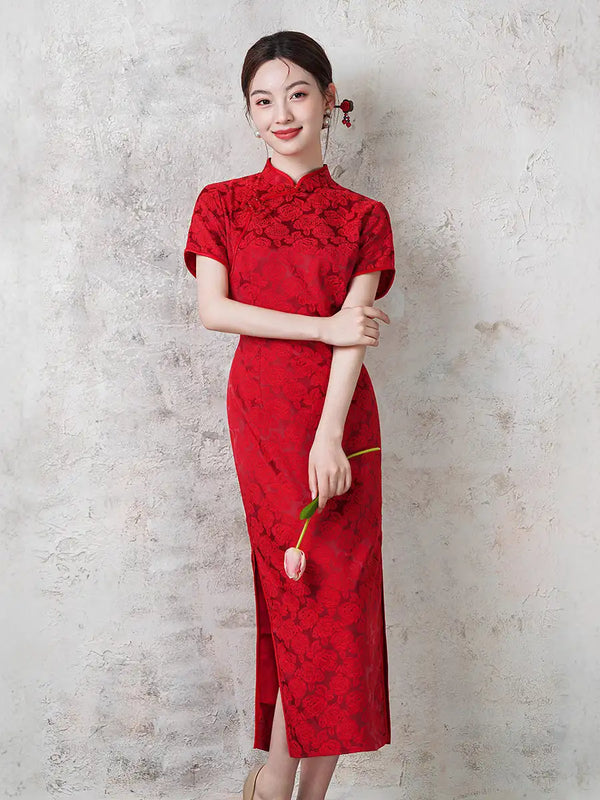 Woman wearing a Red Wedding Qipao Cheongsam against a light gray background