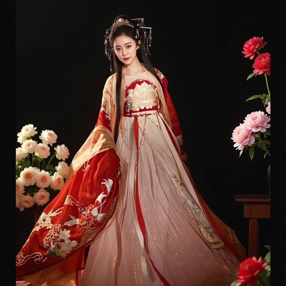 Person in Red and Gold Tang Dynasty Traditional Chiness Hanfu Dress with floral decorations, surrounded by flowers on a dark background