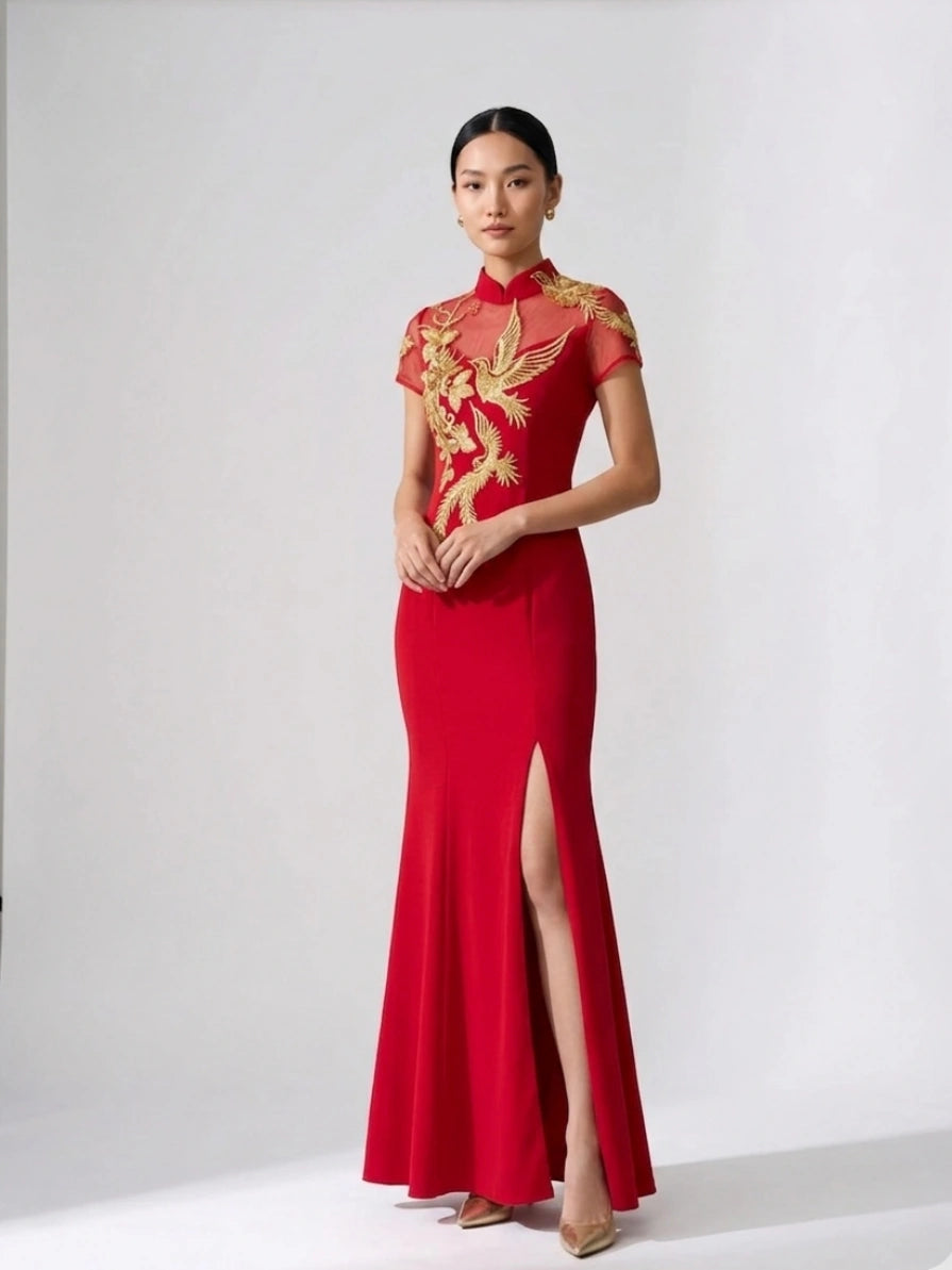 Woman wearing a Red and Golden Bird & Peony Mermaid Qipao-Modern Chinese Wedding Tea Ceremony Gown  on a white background