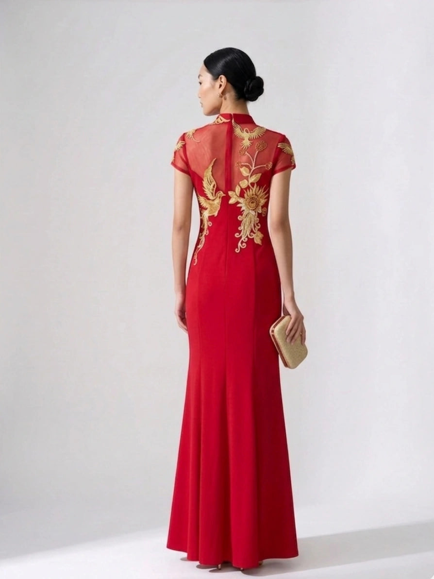 Woman wearing aRed and Golden Bird & Peony Mermaid Qipao-Modern Chinese Wedding Tea Ceremony Gown  on a white background