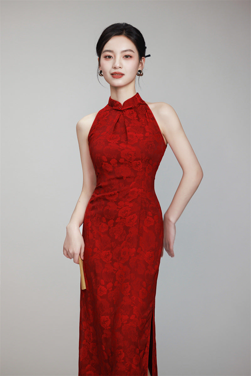 Red halter neck chinese bridal gown