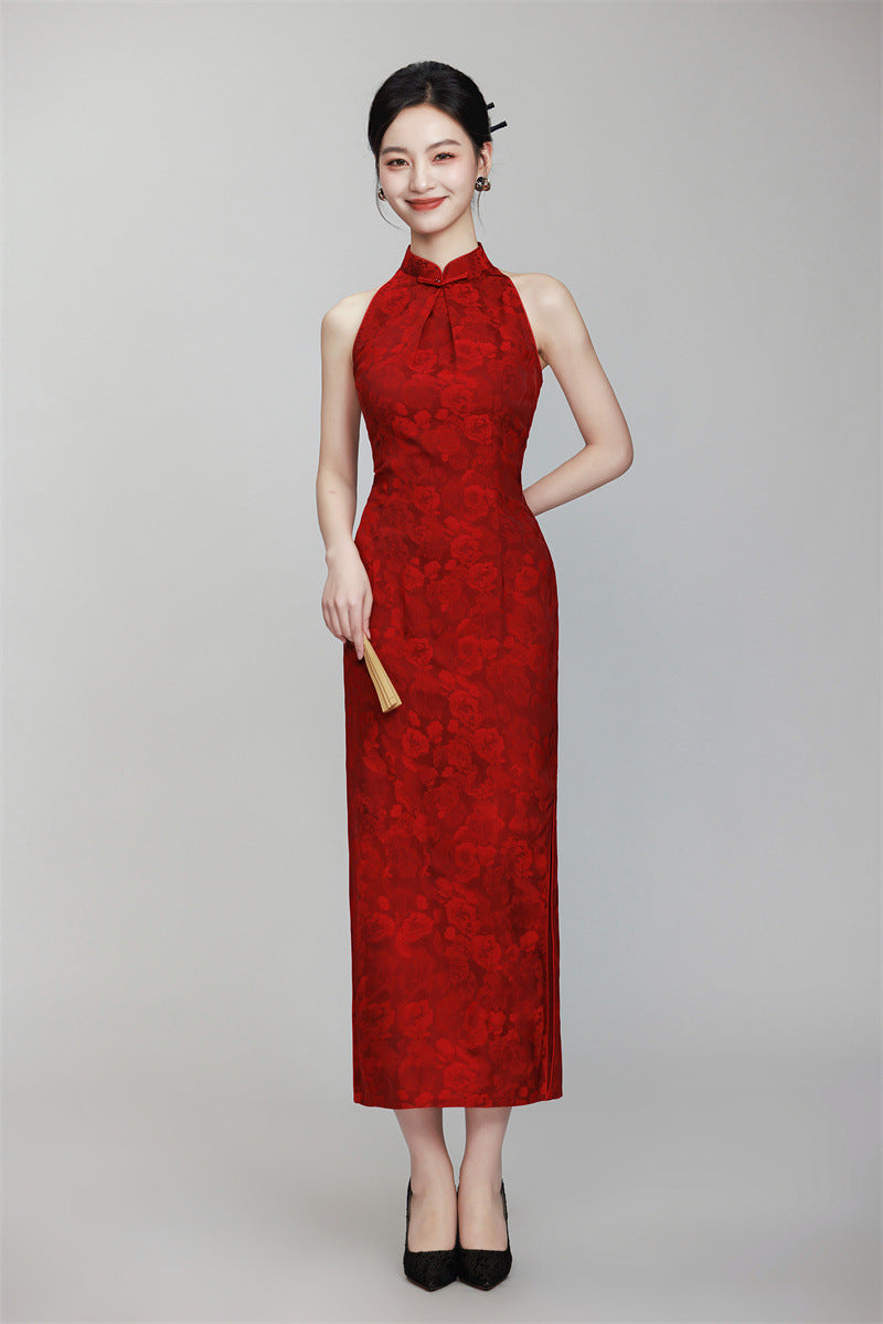 Red halter neck chinese bridal qipao