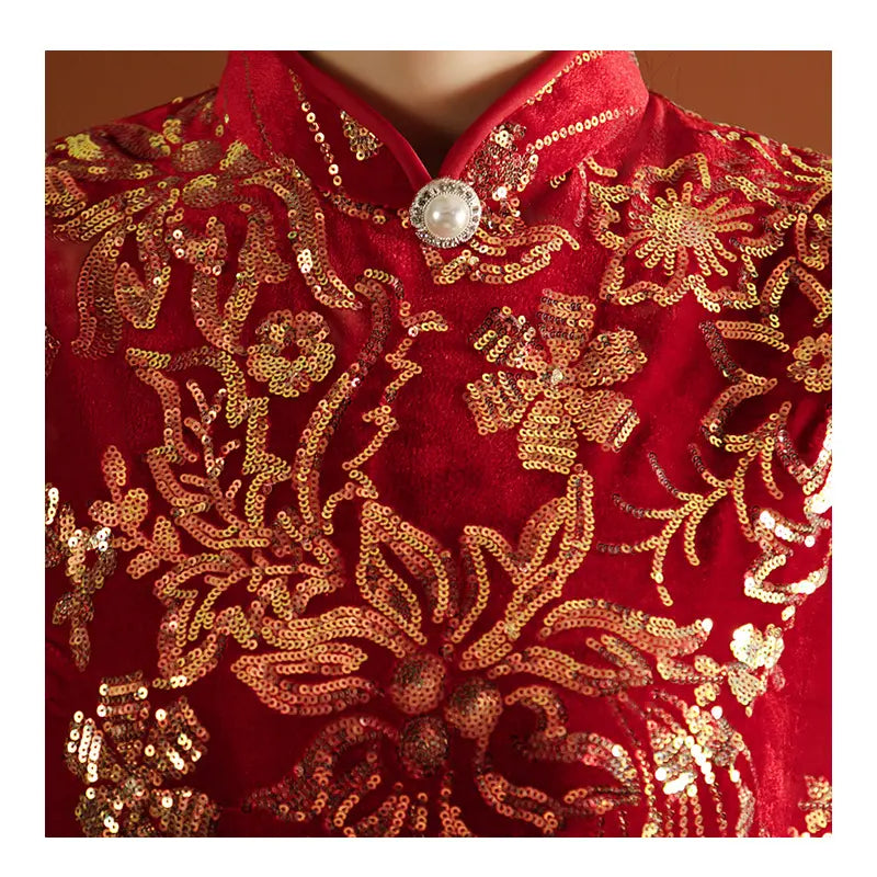 Red velvet short sleeves  Cheongsam Qipao dress with Sequins 