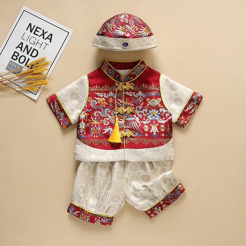 Traditional Chinese outfit with red and white colors on a beige background