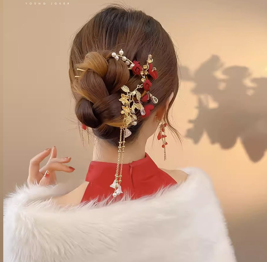 Red and Golden Floral Roses Pearl  Hair Pin