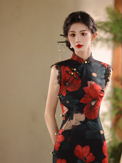 model in black and red floral qi pao cheongsam dress close up