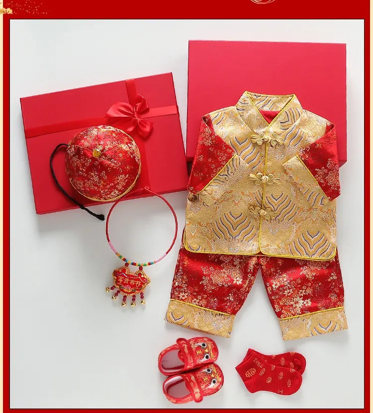 Traditional Chinese outfit with accessories on a white background