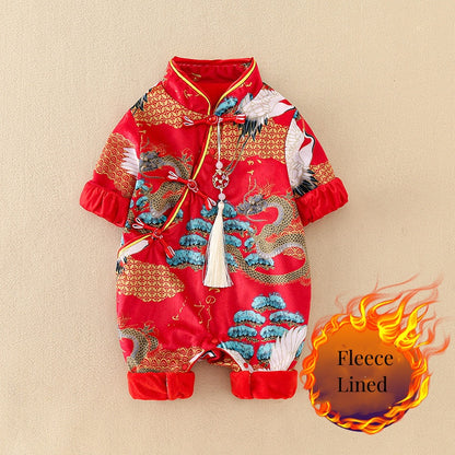 long sleeves red chinese baby romper fleece lined