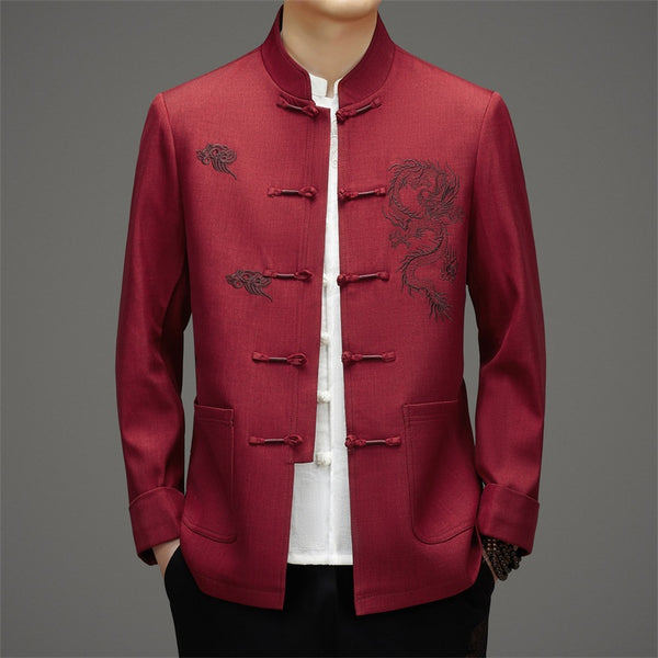 Red Tang Jacket With Dragon Cloud Embroidery