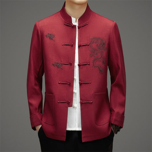 Red Tang Jacket With Dragon Cloud Embroidery