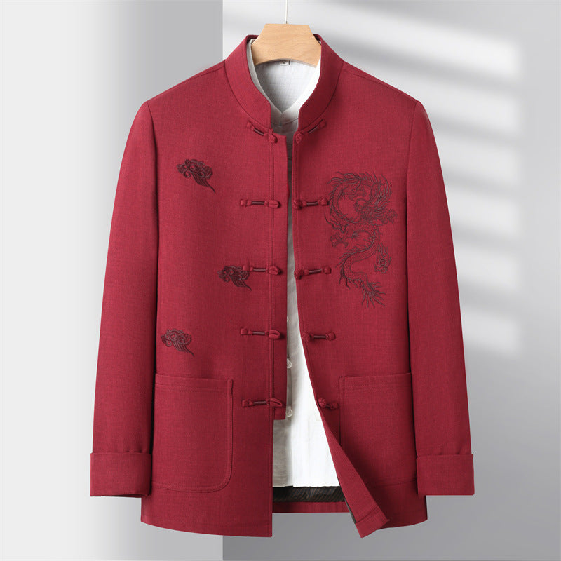 Rote Tang-Jacke mit Drachenwolken-Stickerei