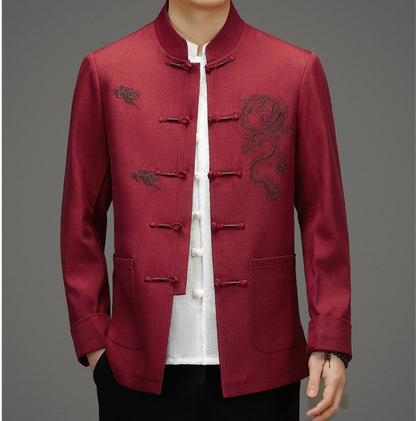 Rote Tang-Jacke mit Drachenwolken-Stickerei