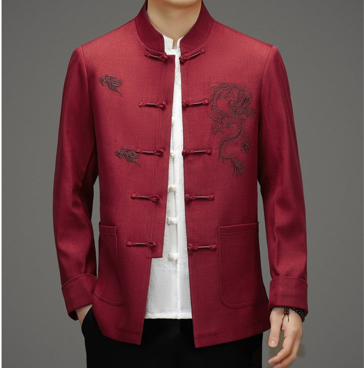 Veste Tang rouge avec broderie Dragon Cloud