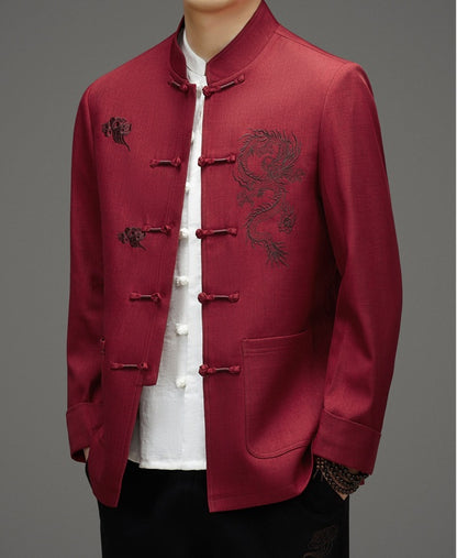 Rote Tang-Jacke mit Drachenwolken-Stickerei