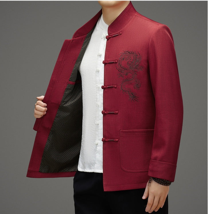 Rote Tang-Jacke mit Drachenwolken-Stickerei