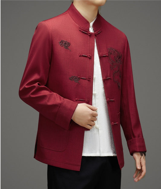 Red Chinese Tang Jacket With Dragon Cloud Embroidery
