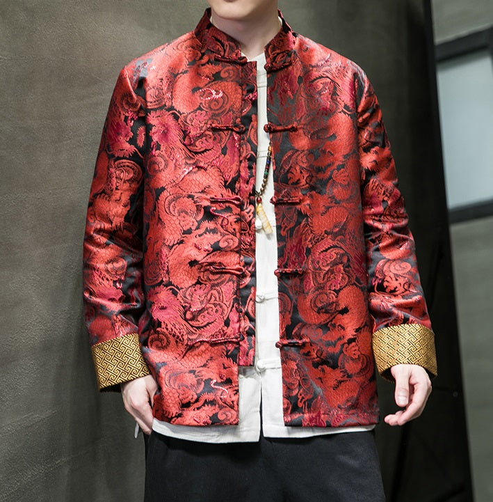 model in Chinese red dragon tang jacket