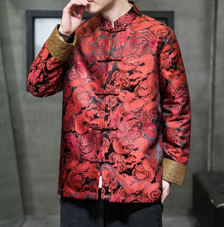 model in Chinese red dragon tang jacket with frog buttons closed