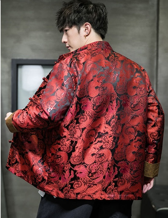 model in Chinese red dragon tang jacket back