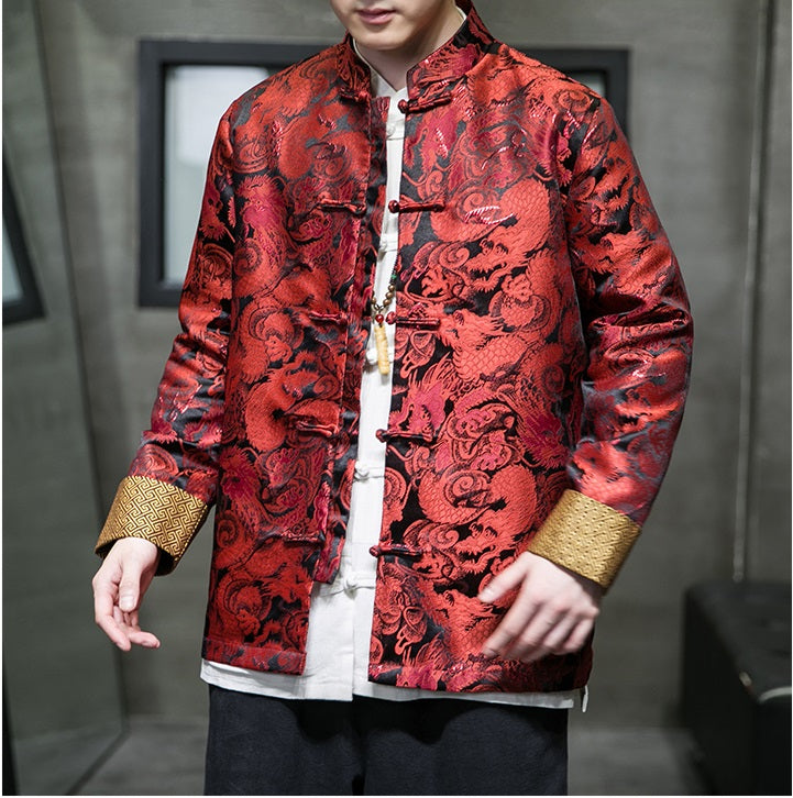 model in Chinese red dragon tang jacket front