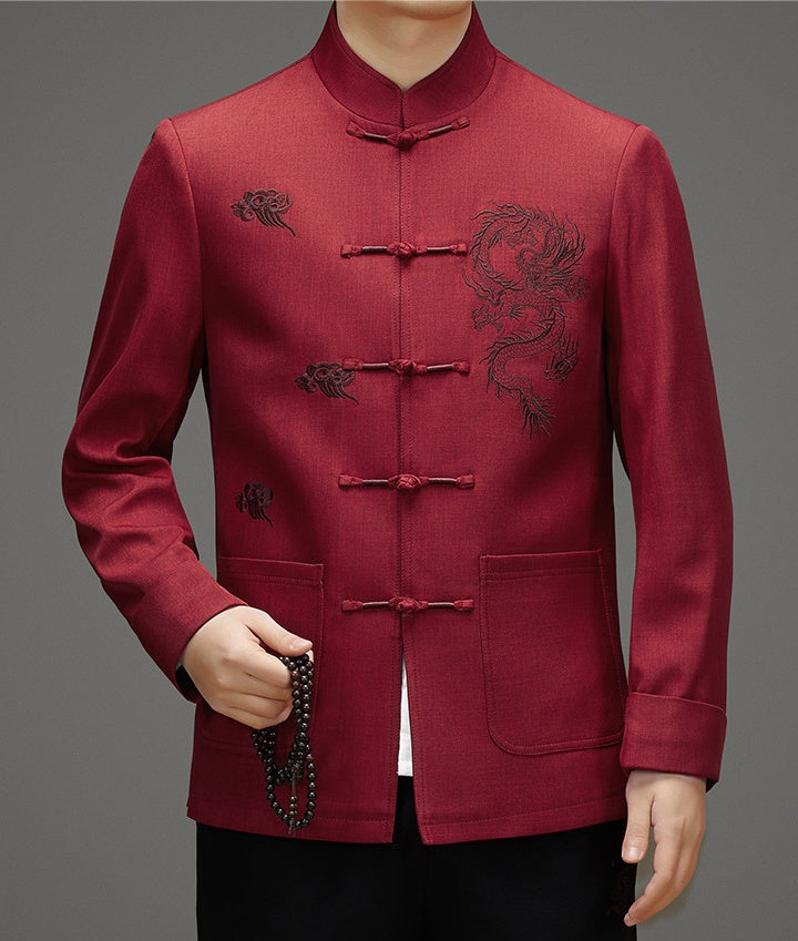 Rote Tang-Jacke mit Drachenwolken-Stickerei