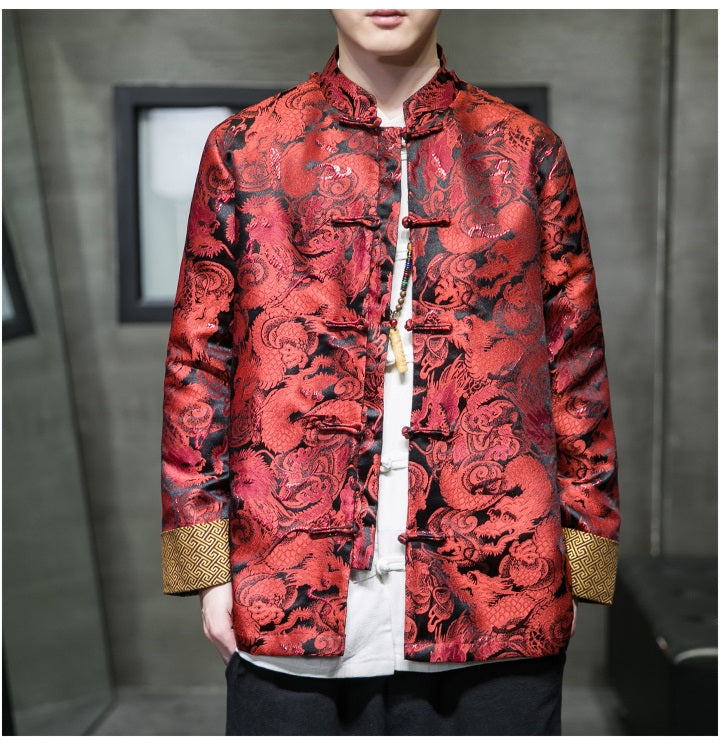 model in Chinese red dragon tang jacket front
