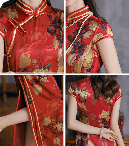 Red Floral Silk Qipao | Magnolia