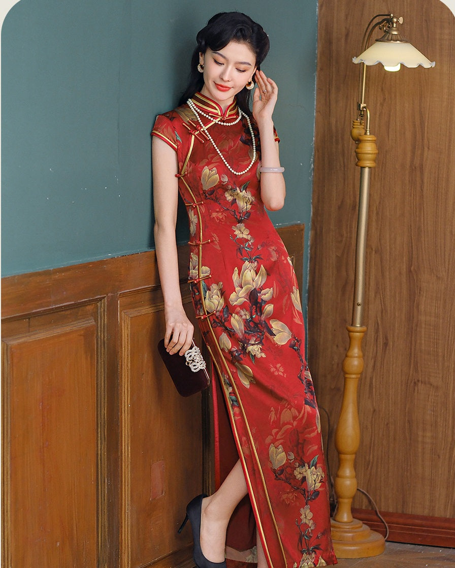 a chinese girl in red long floral silk qipao