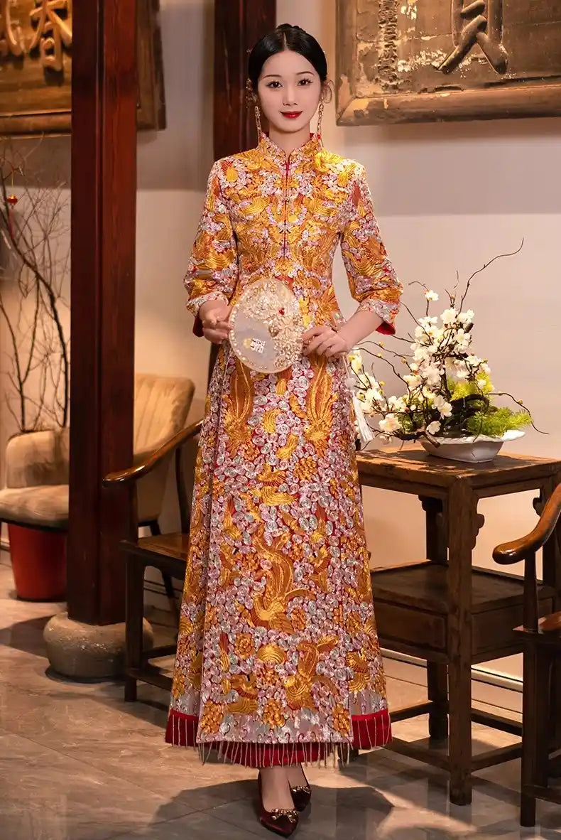 Chinese Traditional Wedding Dress Qun Kwa | Eternal Love Embroidered Dragon & Phoenix Set Chinese Traditional Wedding Dress Qun Kwa | Eternal Love Embroidered Dragon & Phoenix Set