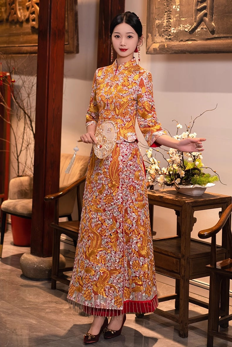 girl in traditional chinese wedding qun kwa dress 