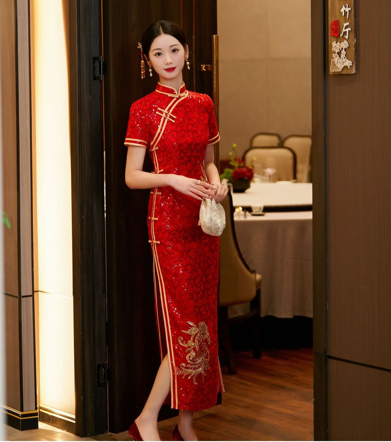 Red Sequin Qipao with Gold Flowers