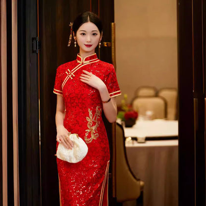 Red Sequin Qipao with Gold Flowers