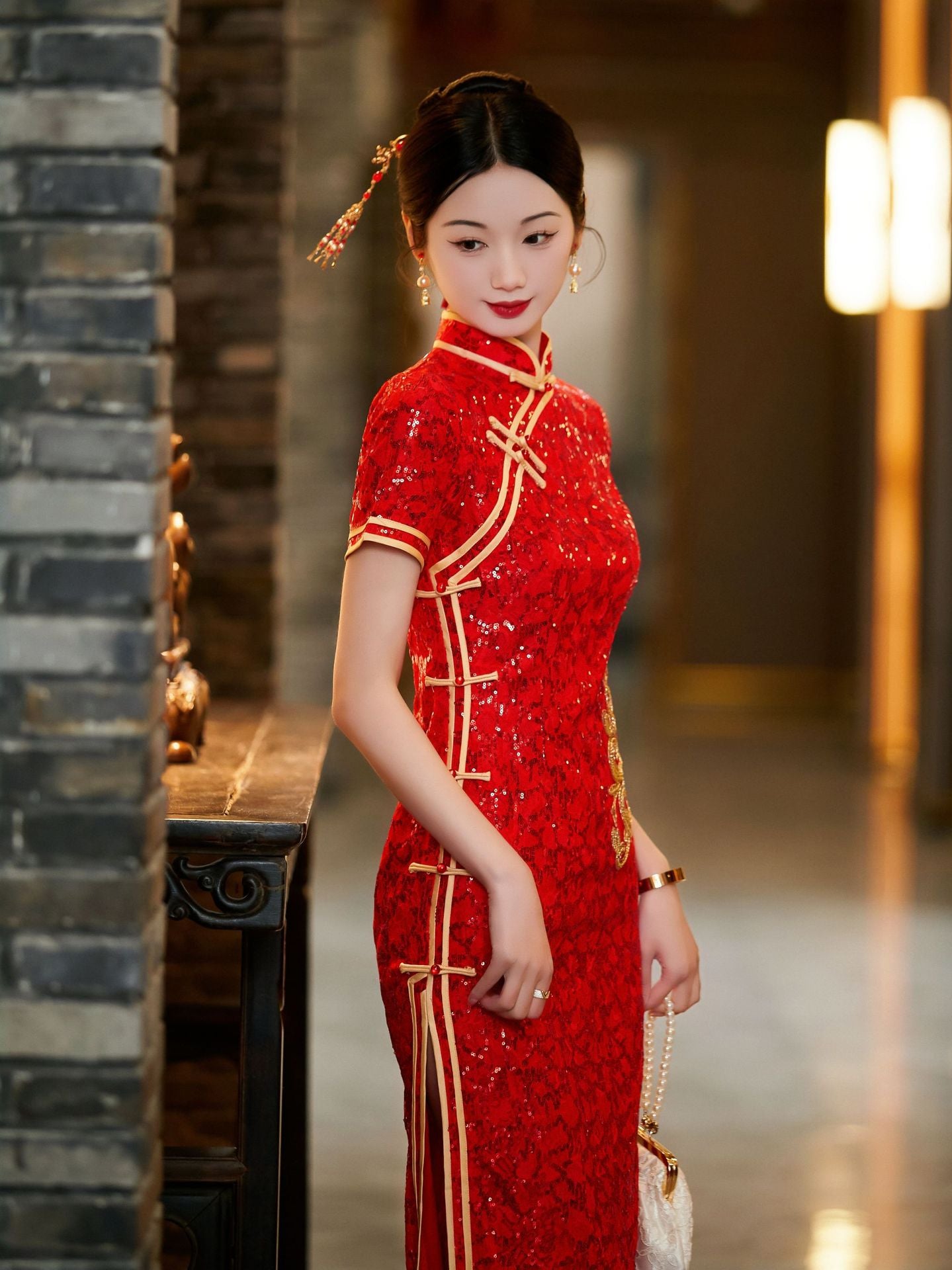 Red Sequin Qipao with Gold Flowers