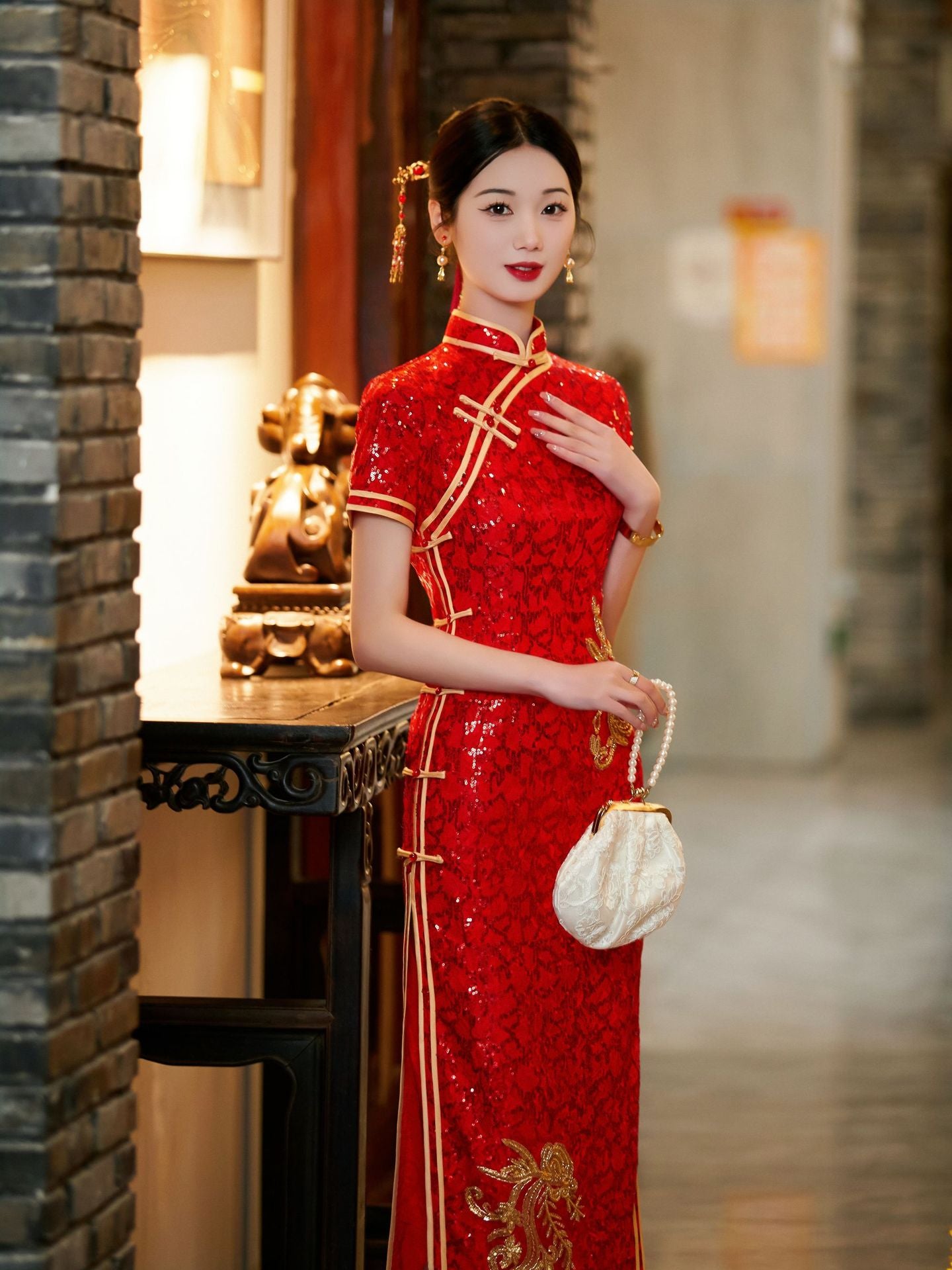 Red Sequin Qipao with Gold Flowers