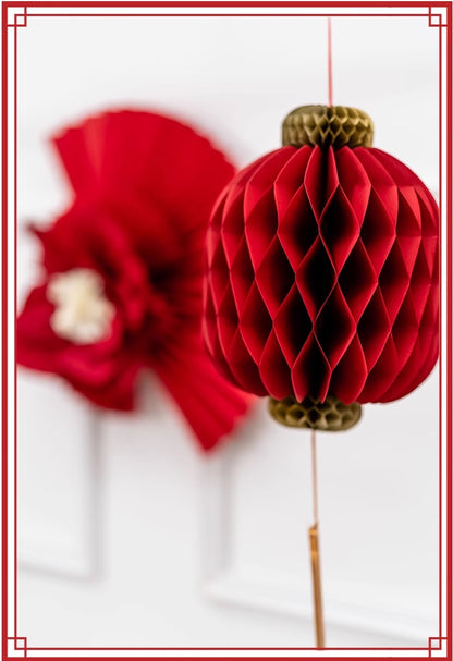  red honeycomb lantern with gold tassel, perfect for festive occasions like Chinese New Year or weddings