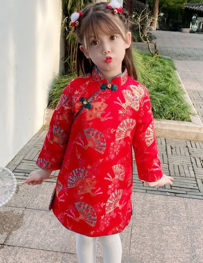 Girl's Red Long Sleeves Qipao Dress