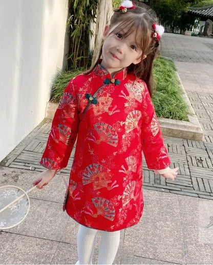 Girl's Red Long Sleeves Qipao Dress